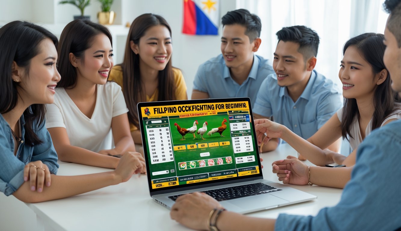 Sekelompok orang muda sedang menggunakan laptop untuk taruhan sabung ayam Filipina secara online di ruang kerja yang terang dan rapi.