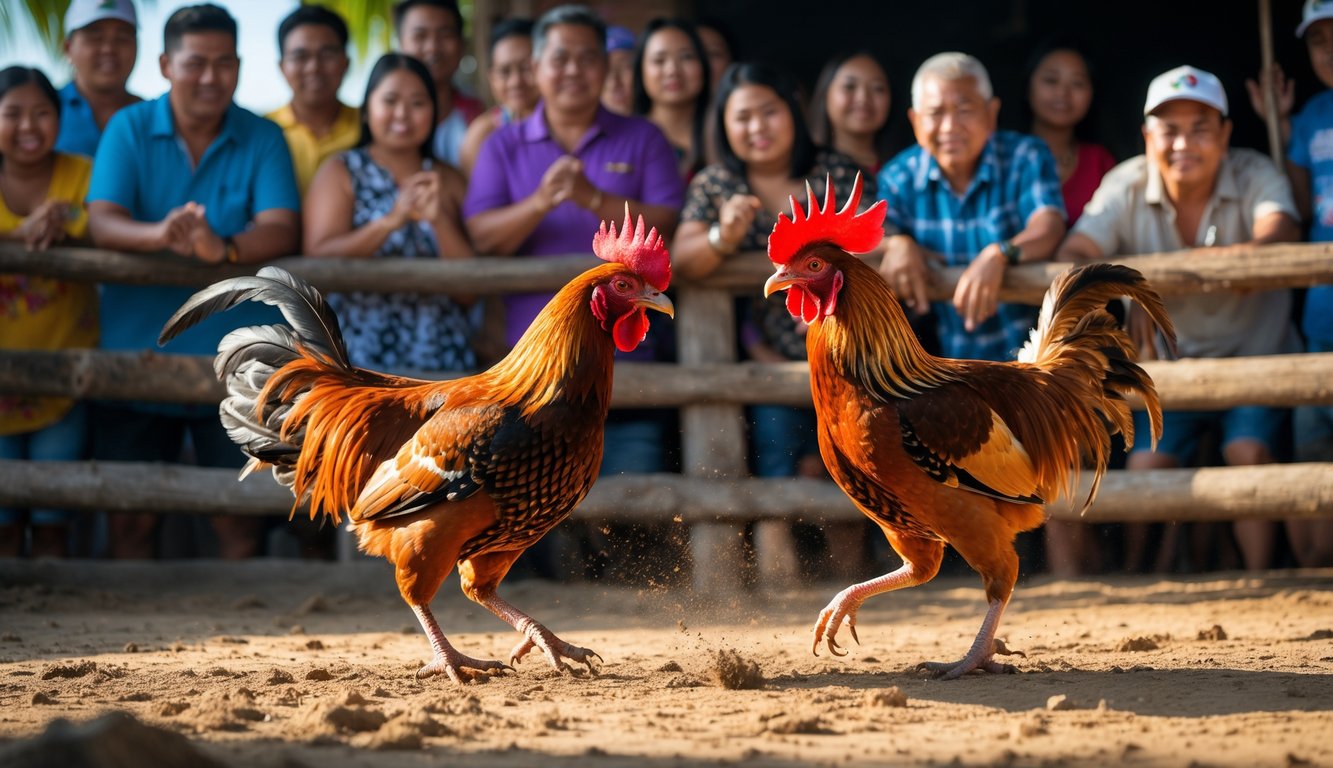 Dua ayam jantan sedang bertarung di arena sabung ayam dengan penonton yang memperhatikan di latar belakang.