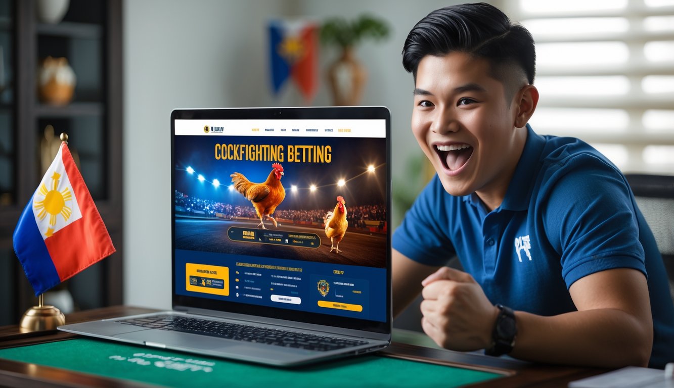 Seorang pria muda sedang menggunakan laptop di ruang kerja modern dengan dekorasi kecil bendera Filipina, terlihat fokus dan antusias saat mengakses situs taruhan sabung ayam online.