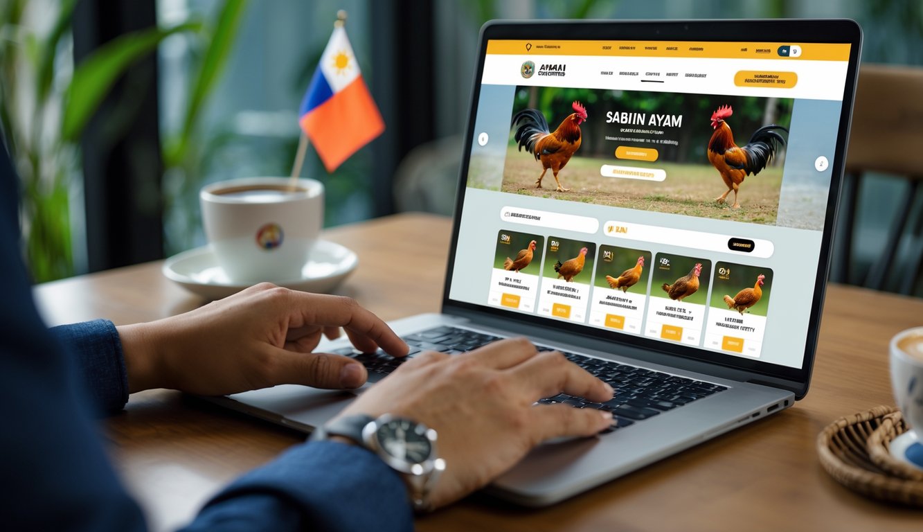 Seseorang menggunakan laptop dengan situs taruhan sabung ayam online di layar, dengan elemen budaya Filipina di sekitar meja kerja.