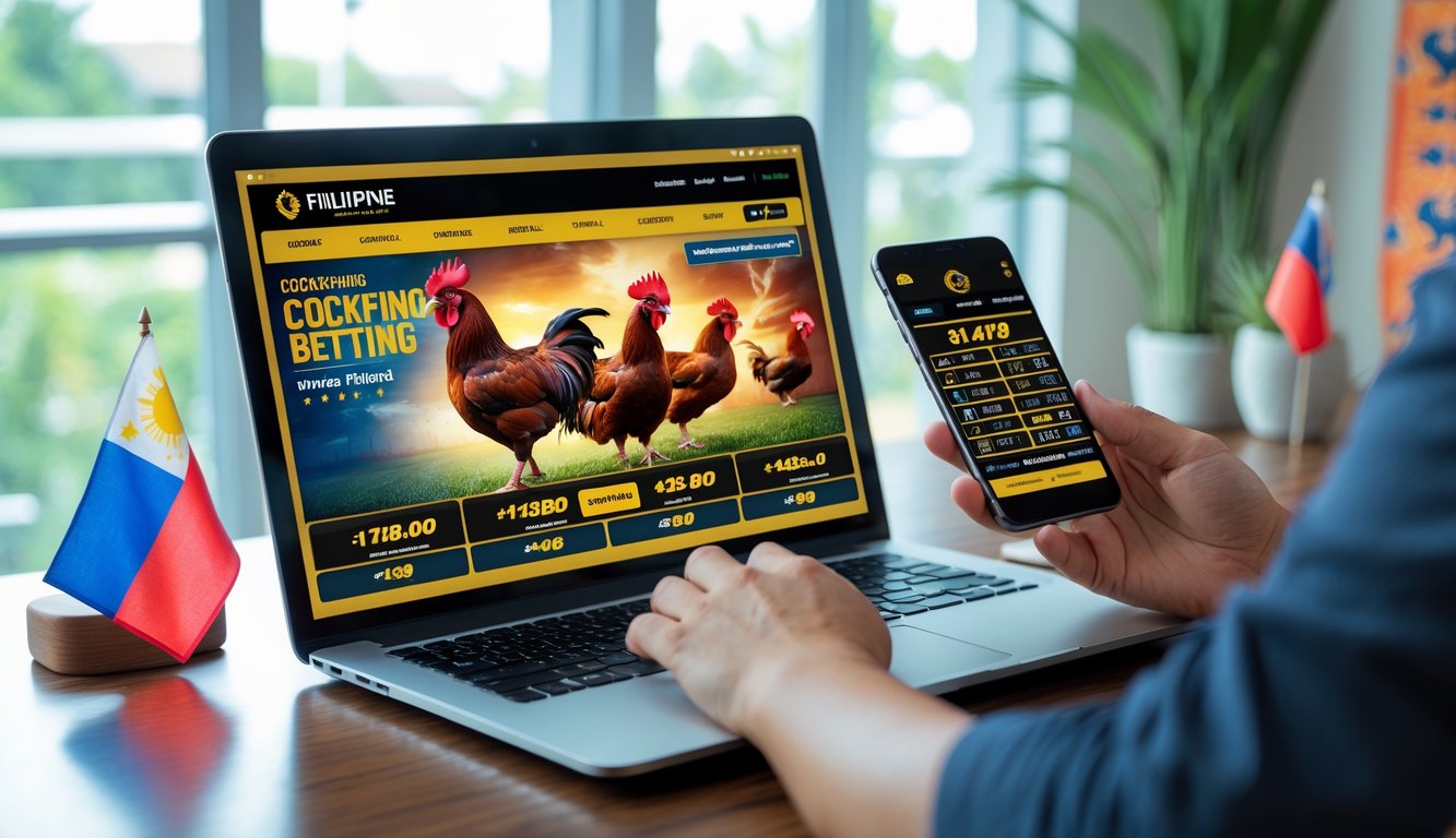 Seorang pria menggunakan laptop dan ponsel di meja kerja dengan bendera Filipina kecil di dekatnya.