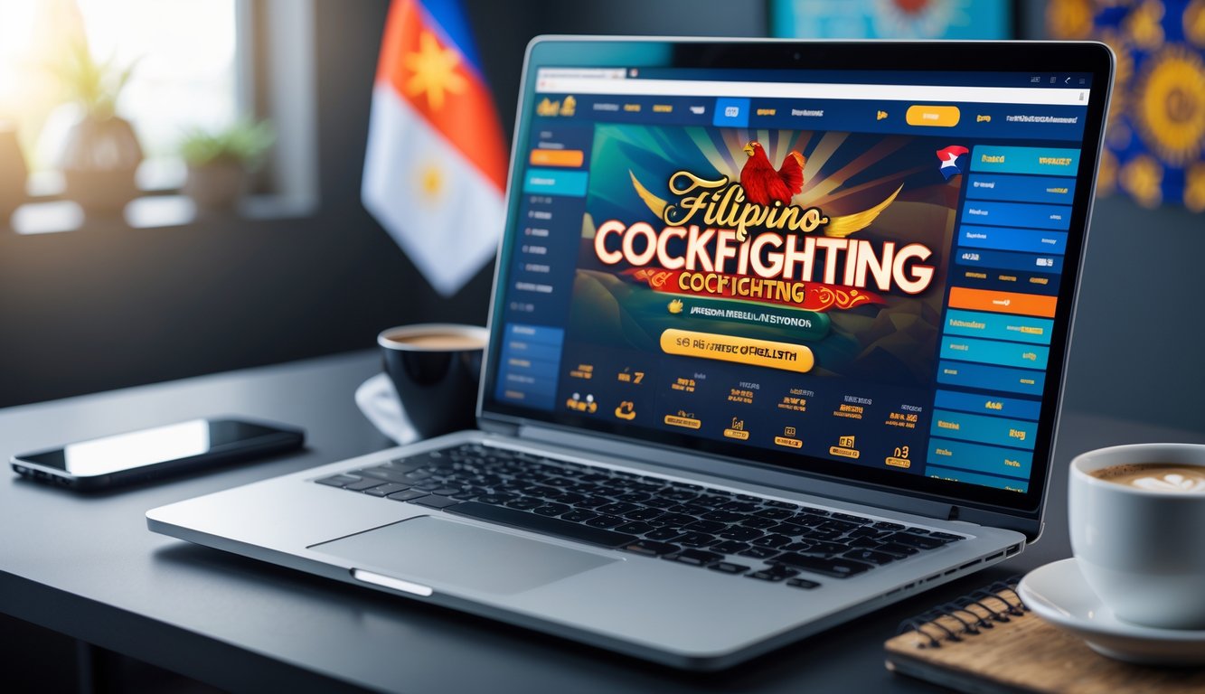 Seorang pria sedang menggunakan laptop dengan tampilan platform taruhan sabung ayam Filipina online di meja kerja yang rapi.