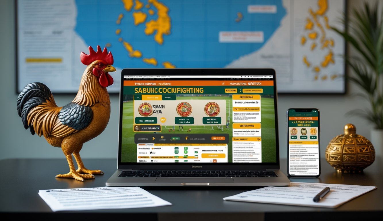 Meja kerja dengan laptop yang menampilkan situs taruhan sabung ayam Filipina, ponsel, catatan, dan hiasan ayam jago kecil di latar belakang.