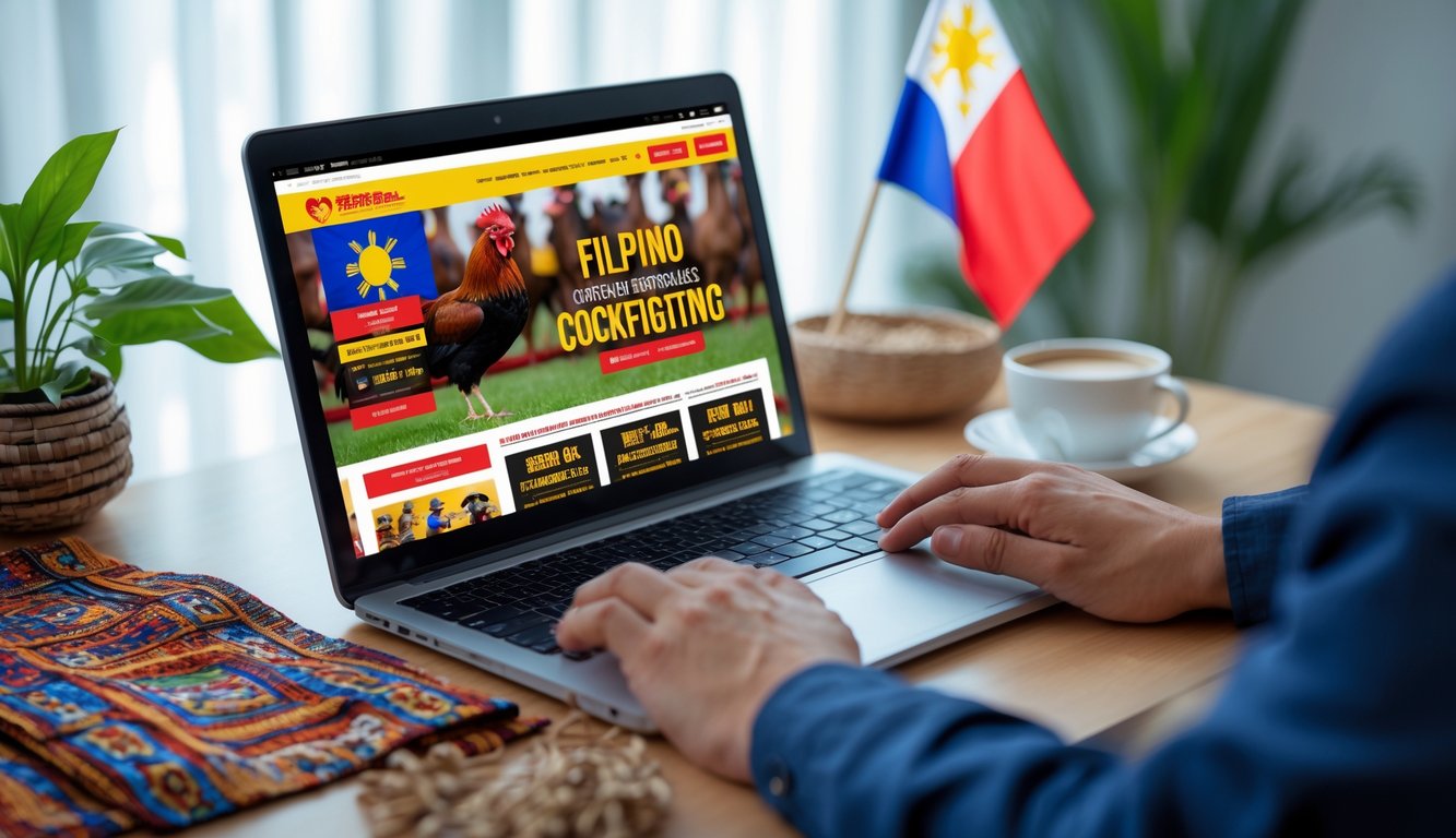 Seorang pengguna komputer laptop yang sedang melihat situs taruhan sabung ayam Filipina dengan latar meja kerja yang rapi dan bendera kecil Filipina.