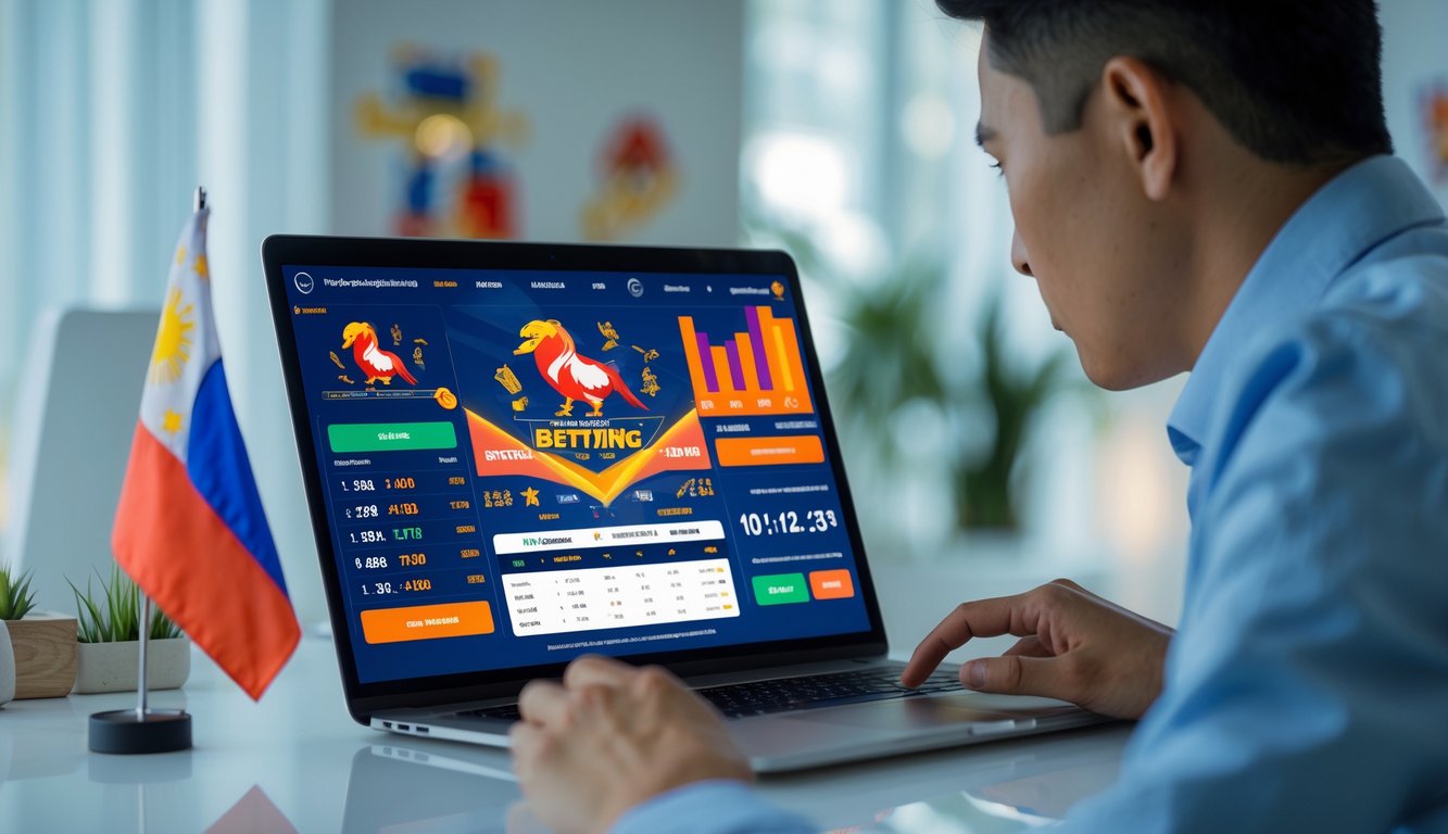 Seseorang sedang menggunakan laptop dengan tampilan platform taruhan sabung ayam online di meja kerja yang rapi dengan dekorasi kecil bertema Filipina.