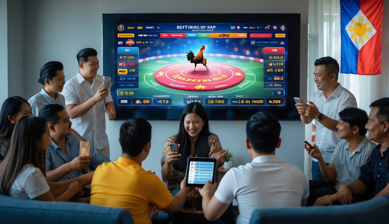 Sekelompok orang Filipina muda sedang melihat layar digital yang menampilkan pertandingan sabung ayam dengan informasi taruhan online.
