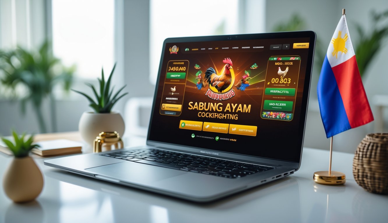 Seorang pengguna sedang melihat situs taruhan sabung ayam Filipina di laptop di ruang kerja yang bersih dan terang.