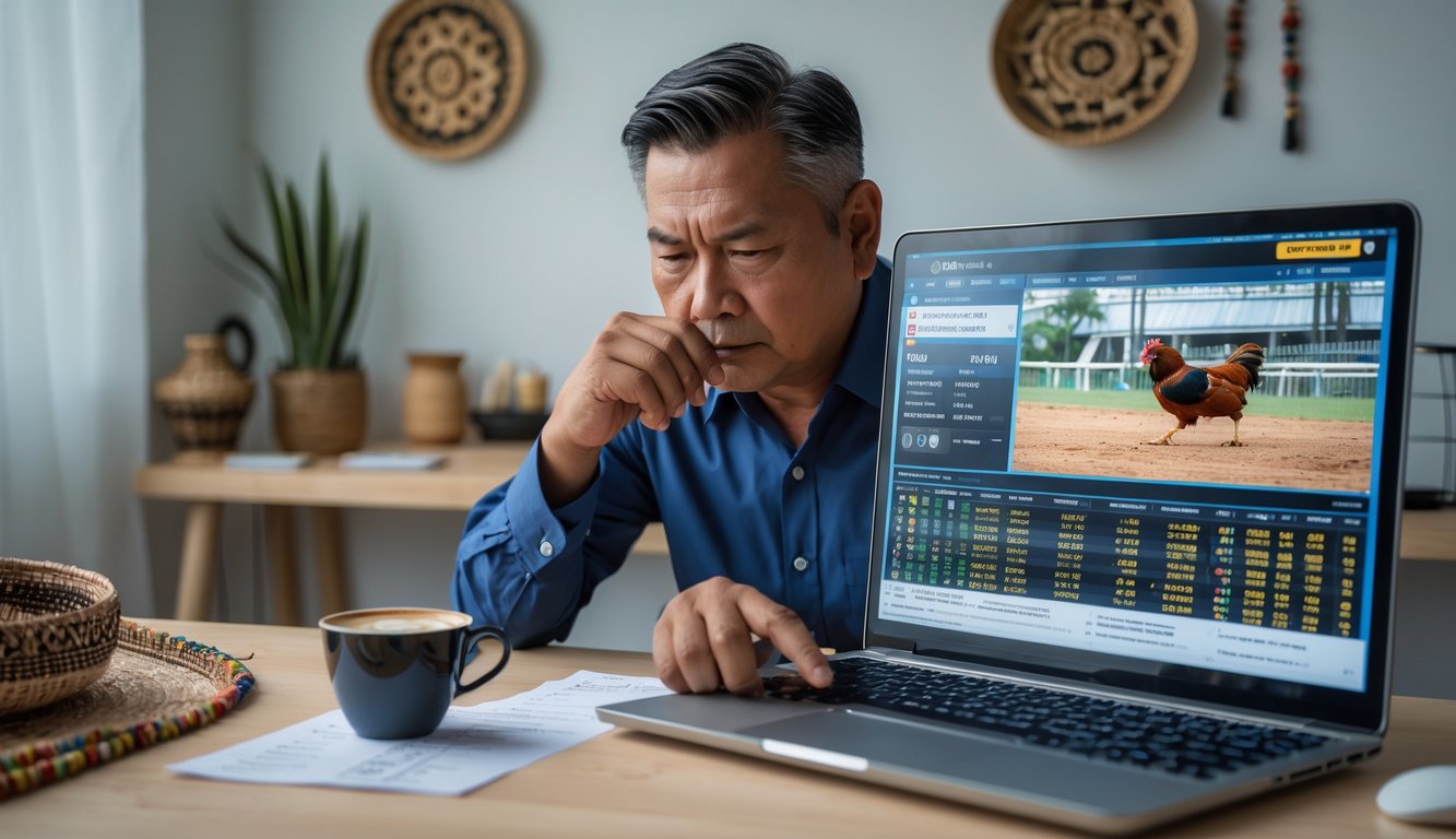 Seorang pria fokus menggunakan laptop di ruang kerja modern sambil menganalisis pertandingan sabung ayam Filipina secara online.