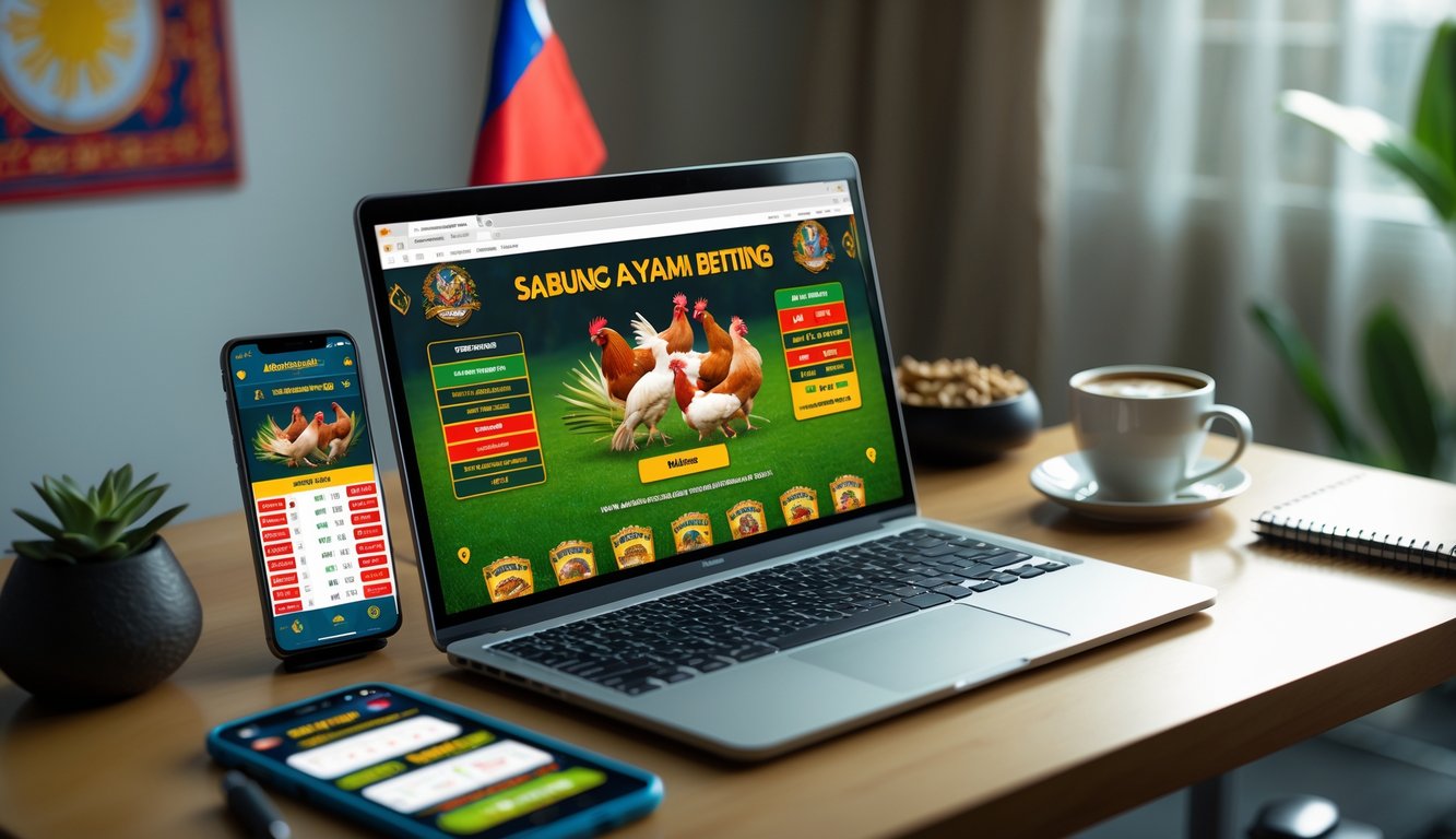 Seseorang menggunakan laptop dengan layar menampilkan situs taruhan sabung ayam Filipina, di meja terdapat smartphone, kopi, dan buku catatan.