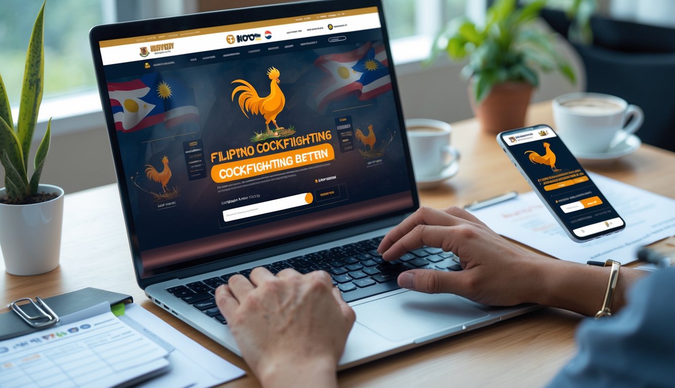 Seseorang menggunakan laptop dan ponsel di meja kerja untuk mendaftar dan bermain taruhan sabung ayam Filipina secara online.