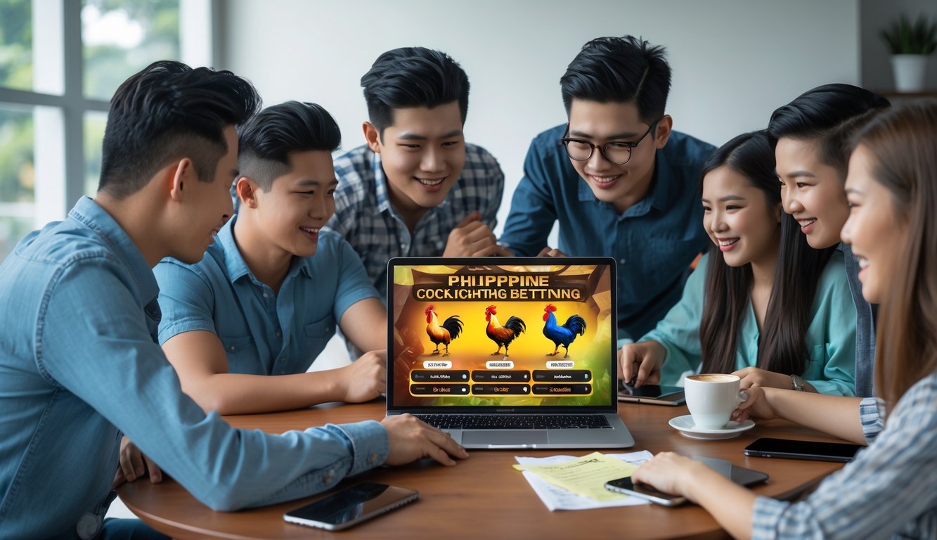 Sekelompok orang muda berkumpul di sekitar laptop, fokus pada aktivitas taruhan sabung ayam secara online di sebuah ruangan terang.