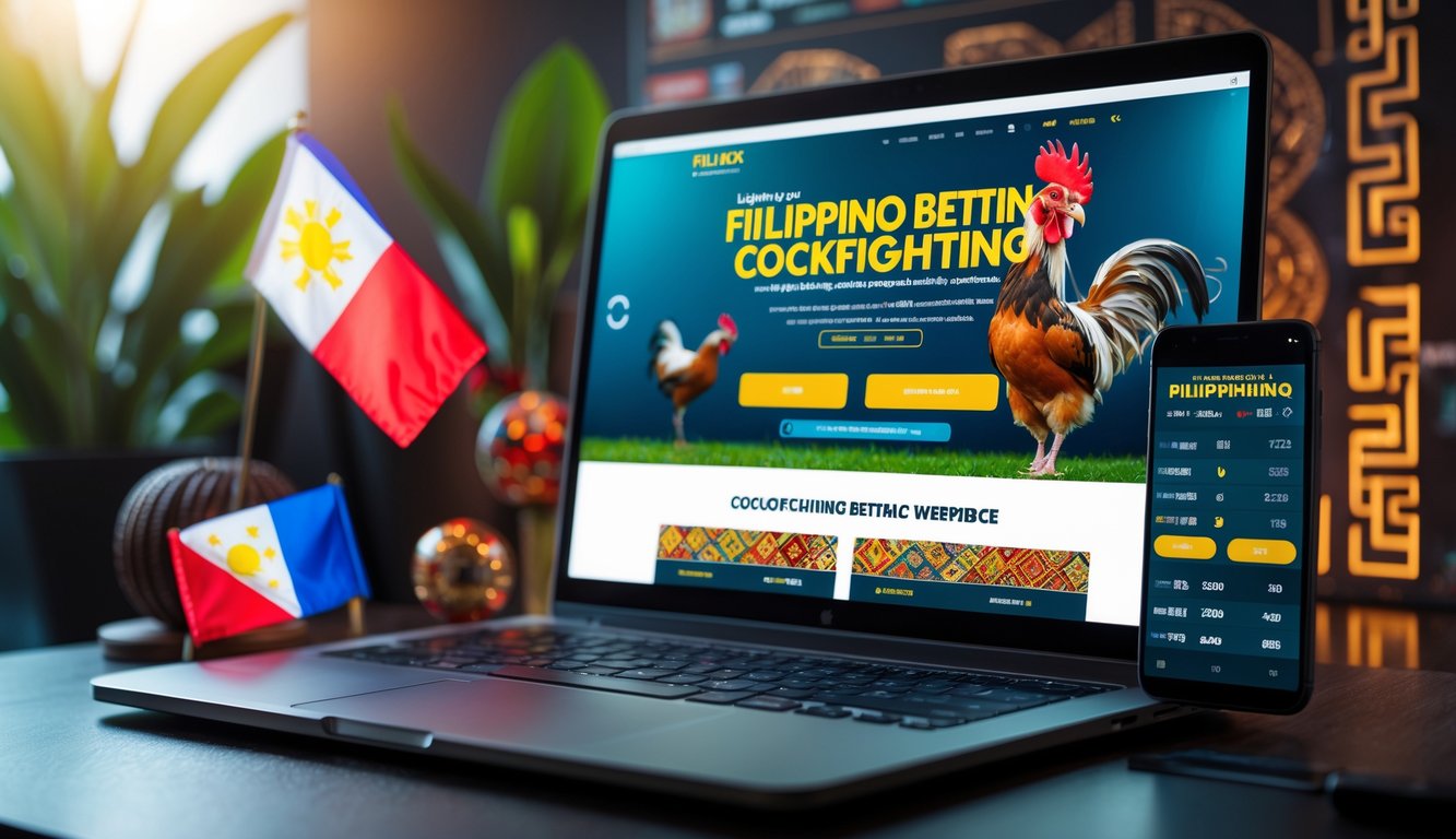 Seorang pria menggunakan laptop di meja dengan tampilan situs taruhan sabung ayam Filipina, dikelilingi oleh elemen budaya Filipina.