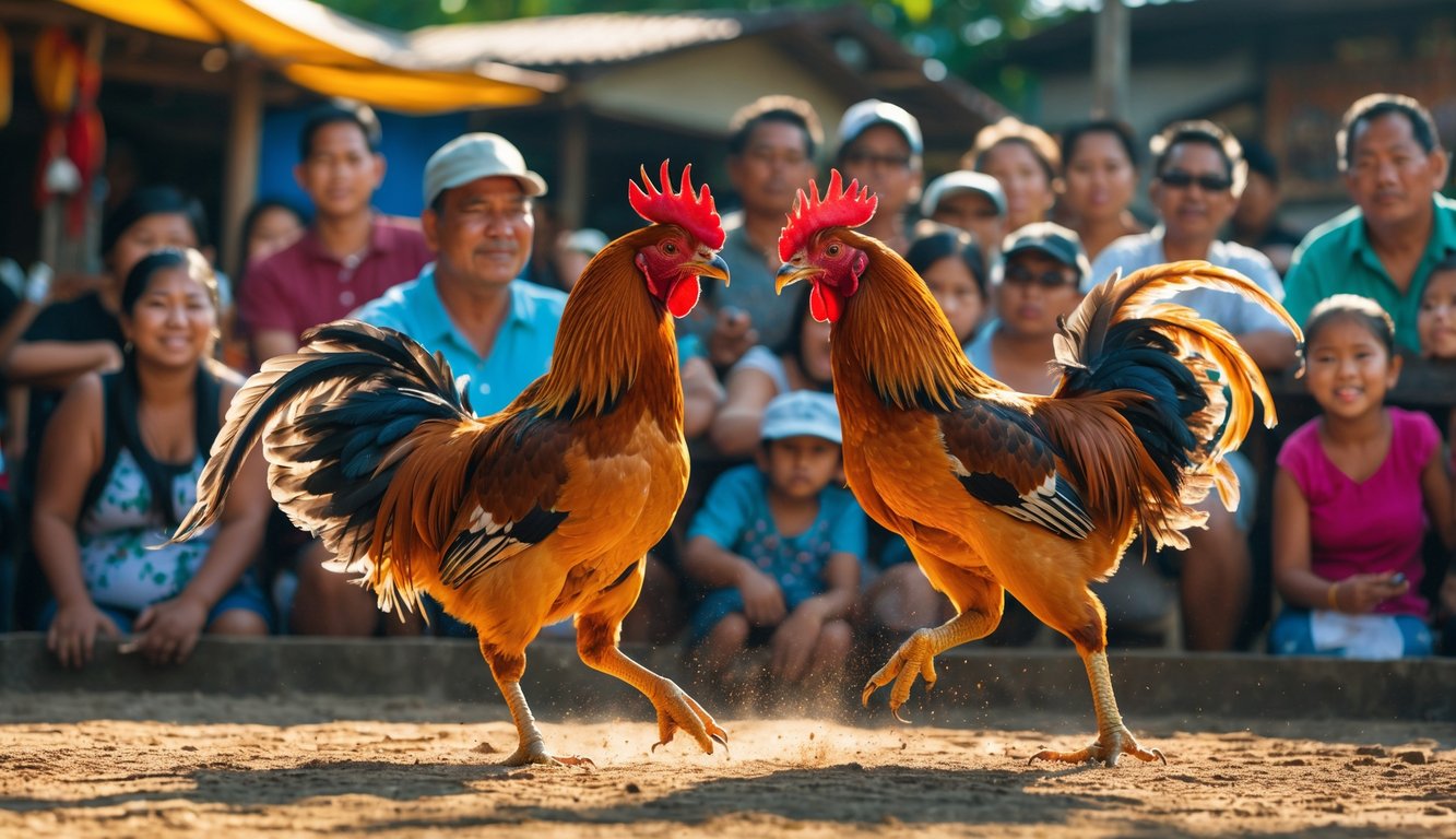 Dua ayam jago sedang bertarung di arena sabung ayam dengan penonton yang antusias mengelilingi mereka di luar ruangan.