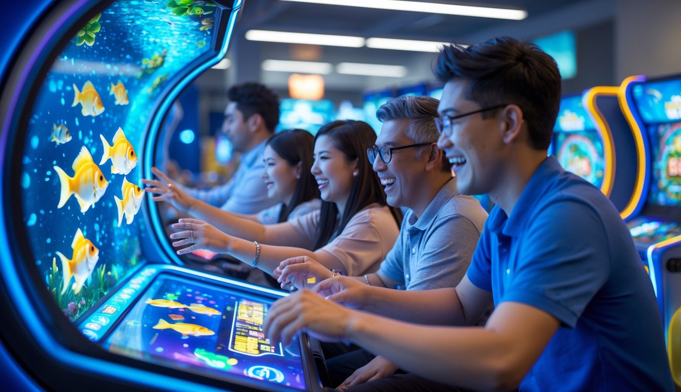 Beberapa orang sedang bermain game tembak ikan di mesin arcade dengan layar berwarna-warni di sebuah tempat permainan yang terang dan ramai.