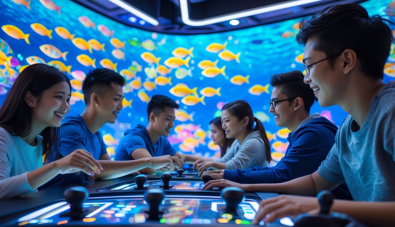 Beberapa orang muda sedang bermain game tembak ikan di depan layar besar dengan ikan berwarna-warni di dalamnya.