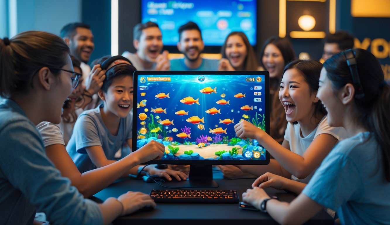 Orang-orang bermain game tembak ikan di perangkat digital dengan latar ruangan dalam yang nyaman.