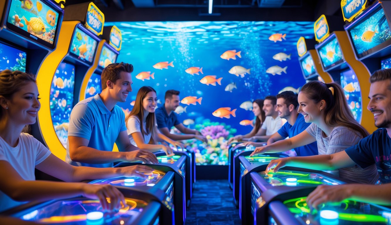 Sekelompok orang muda bermain permainan tembak ikan di mesin arcade berwarna-warni dengan latar belakang animasi ikan dan suasana yang hidup.