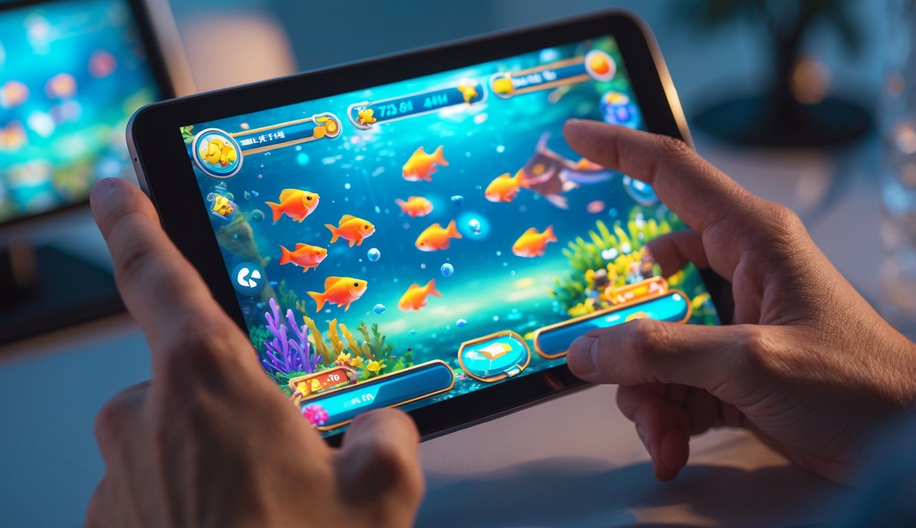 Seseorang sedang bermain game tembak ikan di perangkat layar sentuh dengan latar belakang buram.