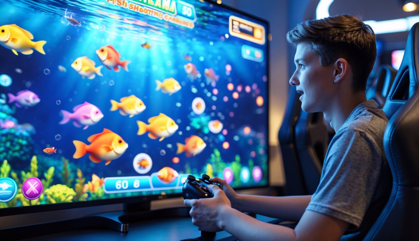 Seorang pemain muda fokus bermain game tembak ikan di depan layar besar dengan gambar ikan berwarna-warni di ruangan bermain yang modern.