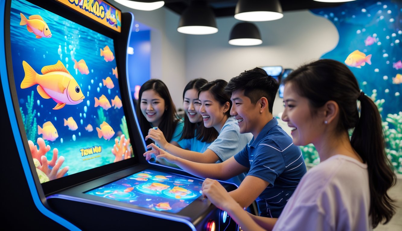 Beberapa orang muda sedang bermain permainan tembak ikan di mesin arcade dengan latar bawah laut yang penuh warna.