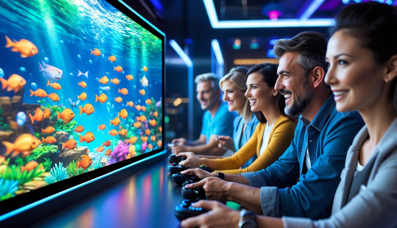 Beberapa orang dewasa sedang bermain game tembak ikan di depan layar besar dengan gambar ikan berwarna-warni di lingkungan game yang modern dan terang.