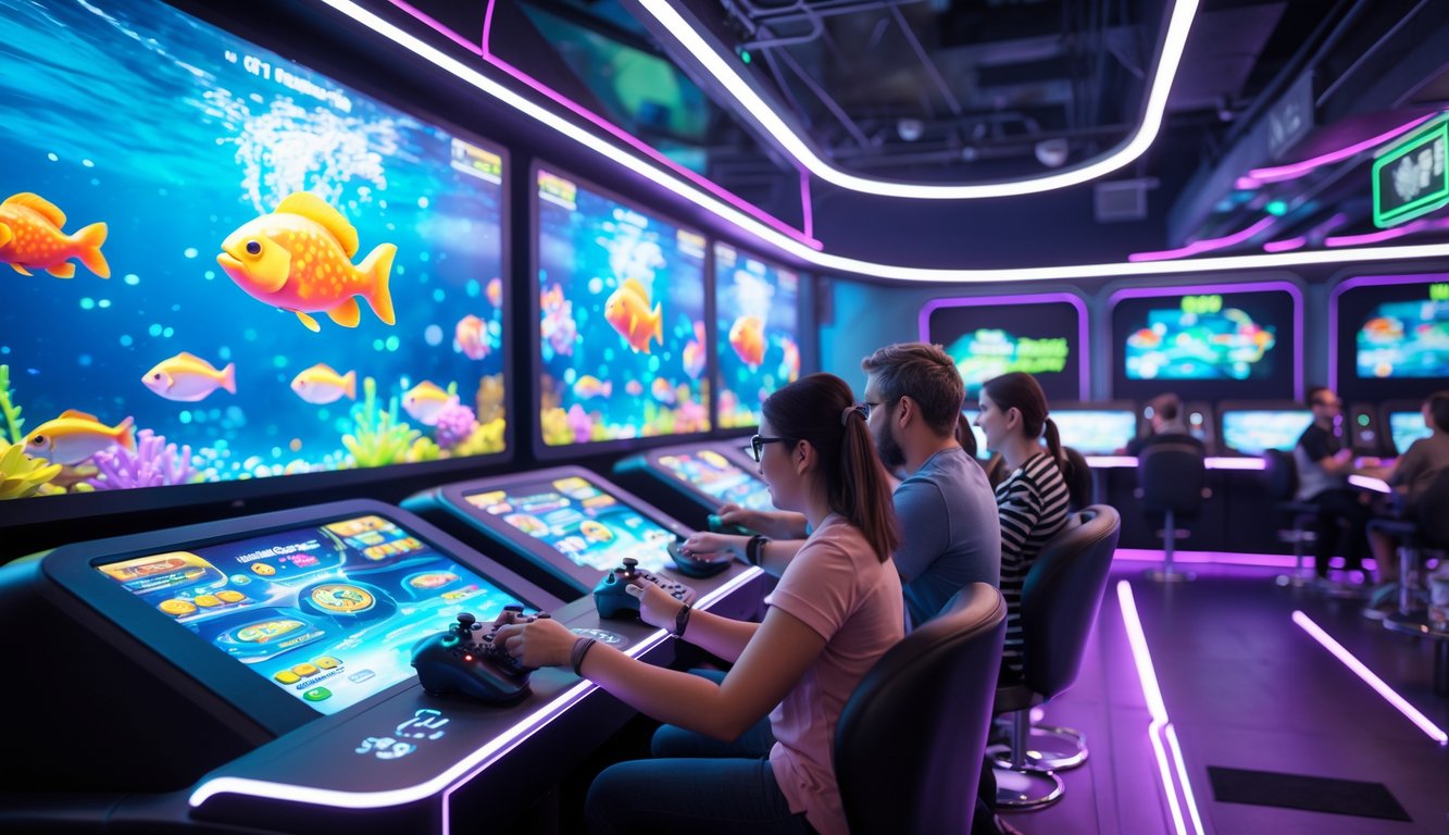 Beberapa orang bermain game tembak ikan di ruang permainan modern dengan layar besar dan suasana hidup.