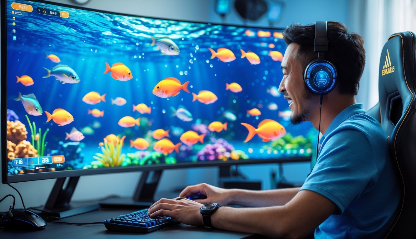 Seorang pemain dewasa sedang bermain game menembak ikan di komputer dengan layar penuh warna dan berbagai ikan di dalamnya.