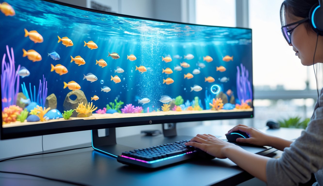Seseorang sedang bermain game tembak ikan di komputer dengan layar penuh ikan warna-warni di dalam air.