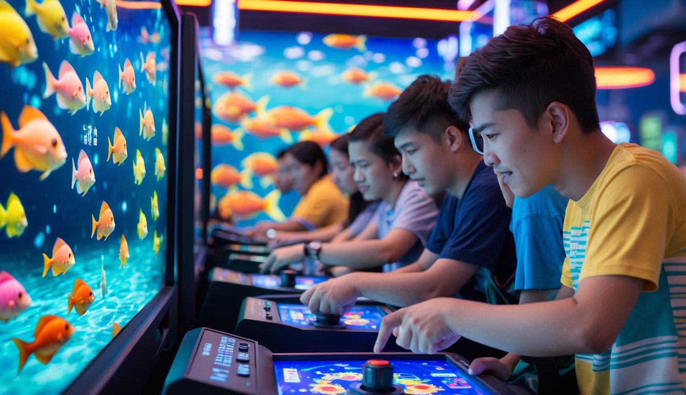 Orang-orang muda bermain permainan tembak ikan di arcade dengan layar berwarna-warni dan dekorasi bertema bawah laut.