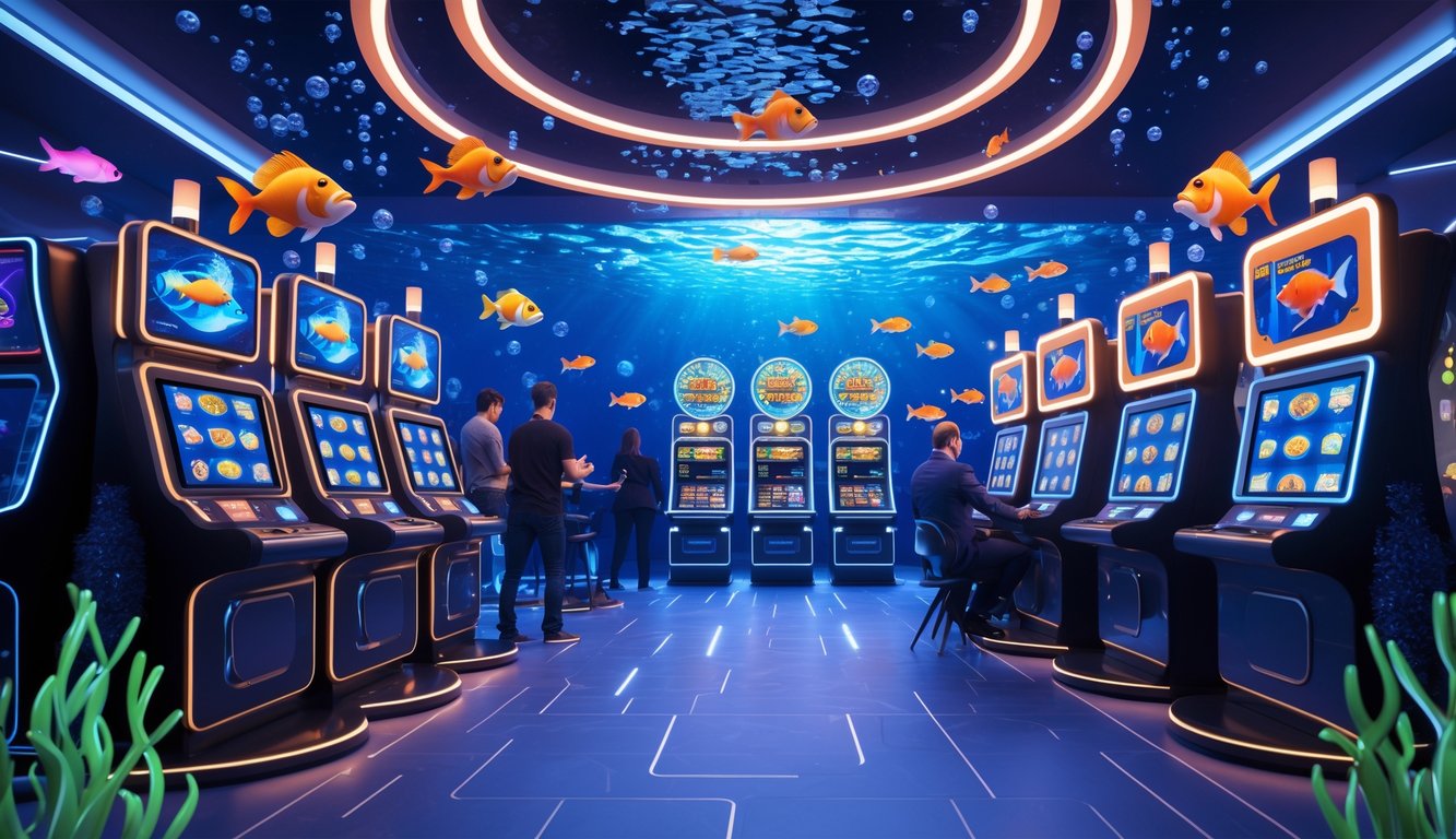 Suasana kasino online dengan tema bawah laut, menampilkan ikan-ikan digital dan pemain yang sedang bermain permainan tembak ikan.