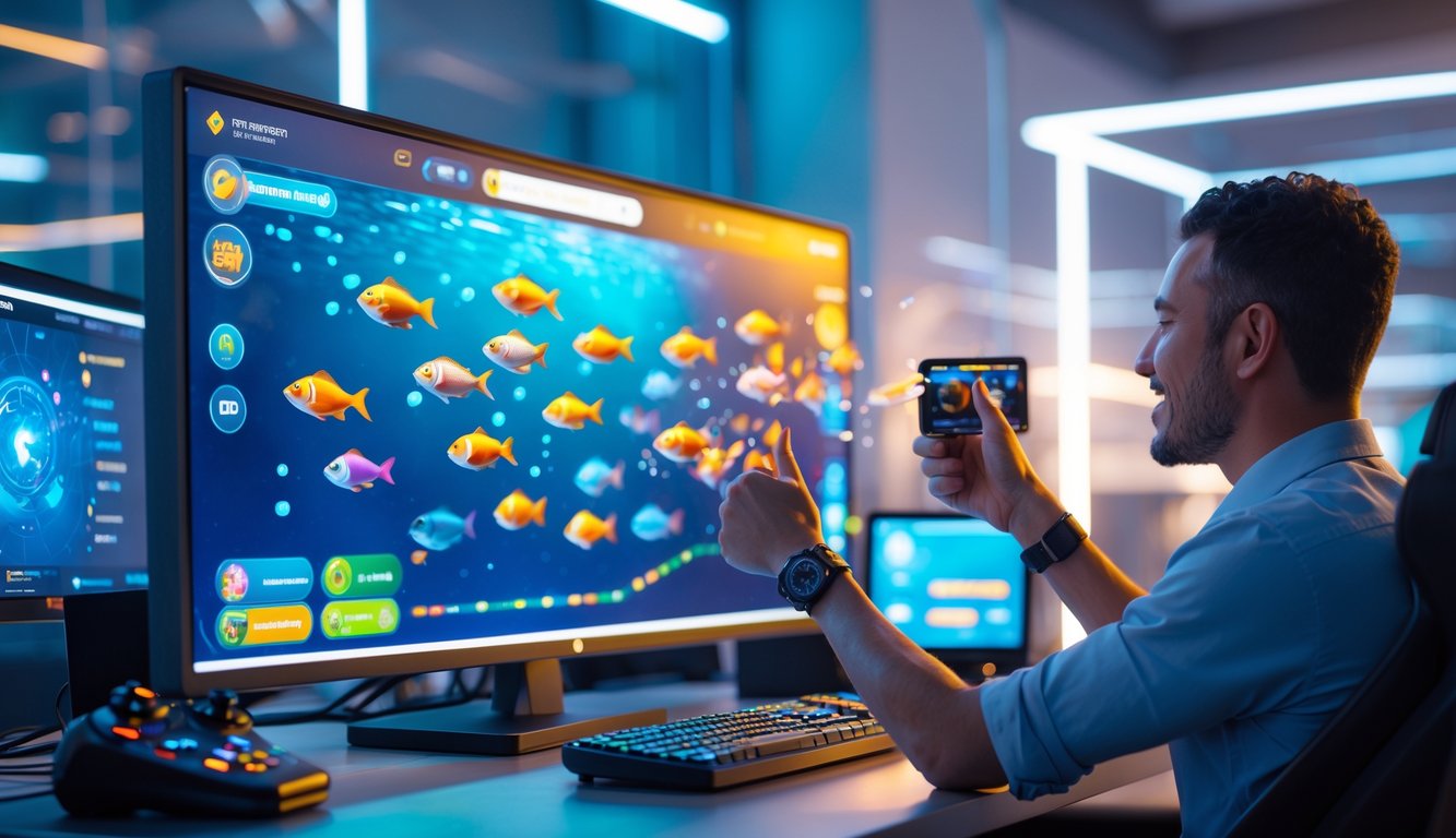 Seorang pemain dewasa sedang bermain game tembak ikan di komputer dengan latar belakang antarmuka permainan yang penuh warna dan suasana ruangan yang profesional.