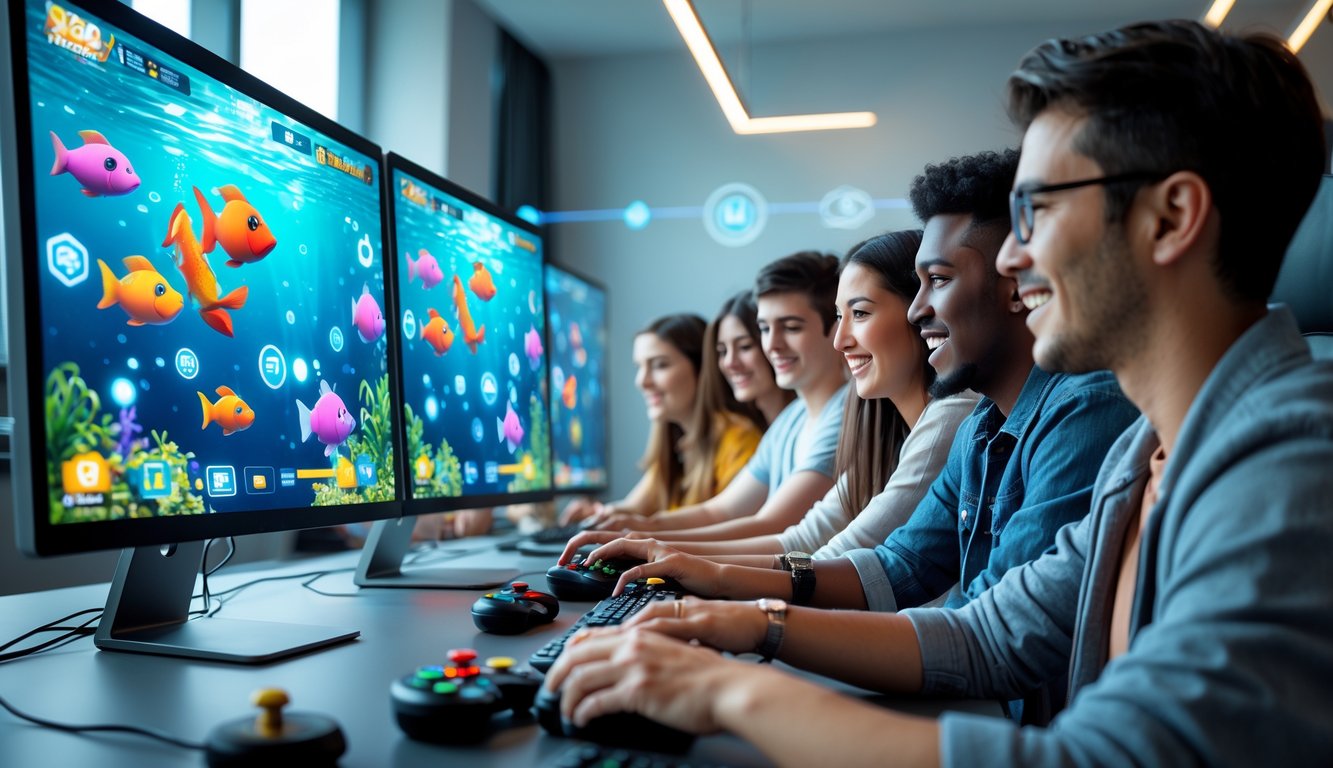 Beberapa orang muda sedang bermain game tembak ikan di komputer dengan layar penuh warna dan suasana ruangan yang modern.