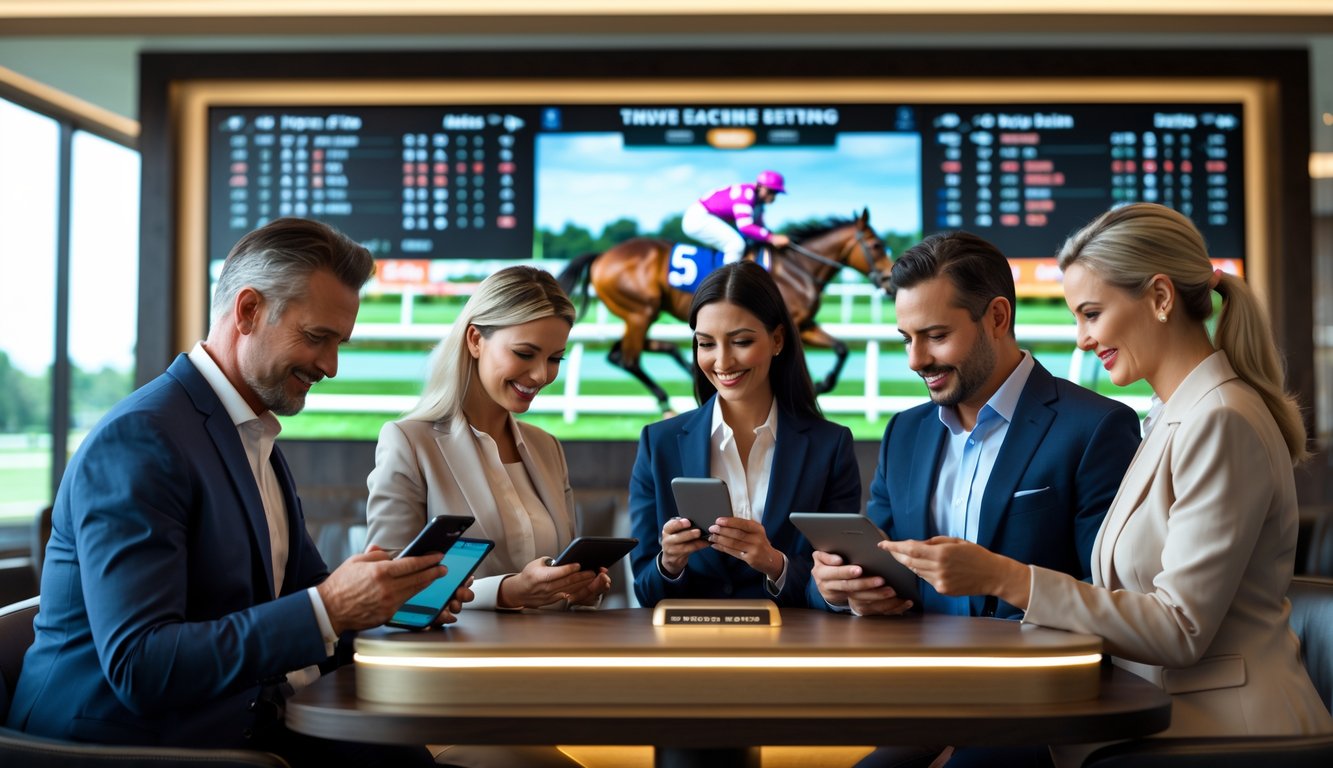 Orang-orang sedang memasang taruhan pada balapan kuda menggunakan perangkat digital di sebuah ruang taruhan modern.