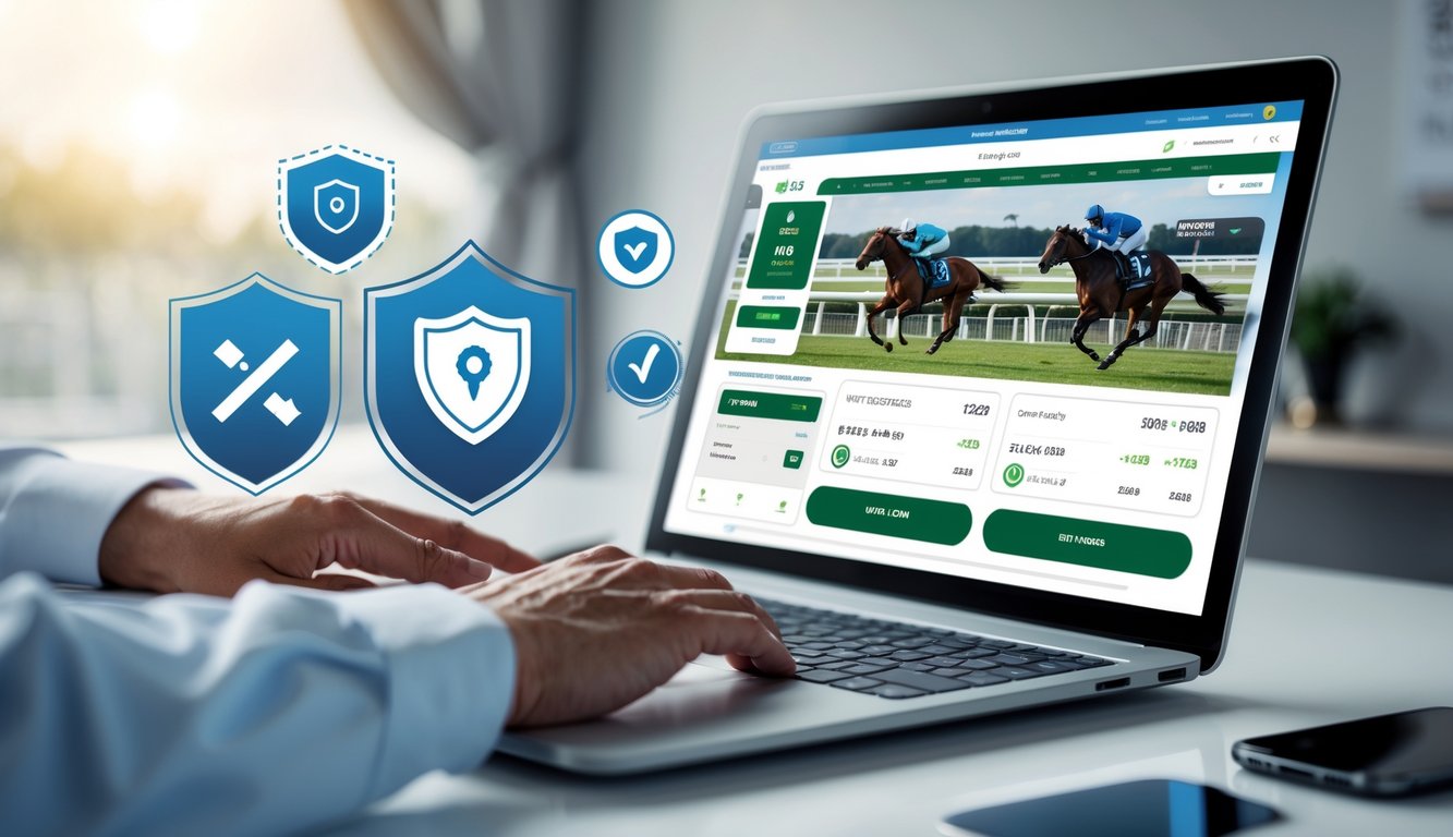 Seorang pengguna dewasa sedang menggunakan komputer dengan tampilan situs taruhan kuda pacuan yang modern dan terpercaya, dengan latar belakang minimalis dan elemen yang menunjukkan kepercayaan.
