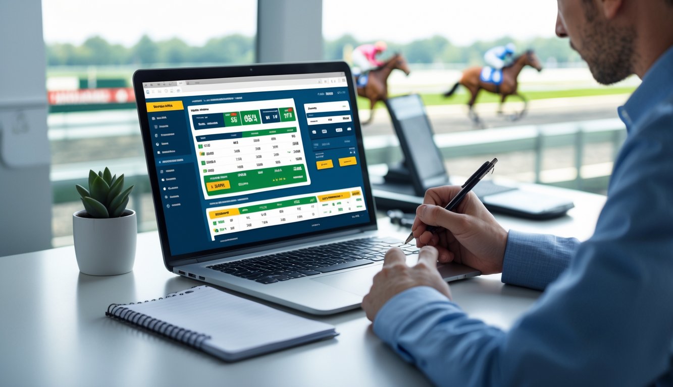 Seseorang duduk di depan laptop yang menampilkan situs taruhan kuda pacuan online, sambil mencatat dan melihat layar dengan serius.
