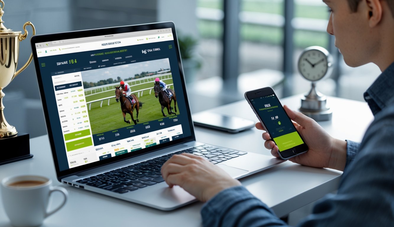 Seseorang menggunakan laptop dan ponsel untuk memasang taruhan pacuan kuda secara online di meja kerja dengan piala dan jam digital di latar belakang.
