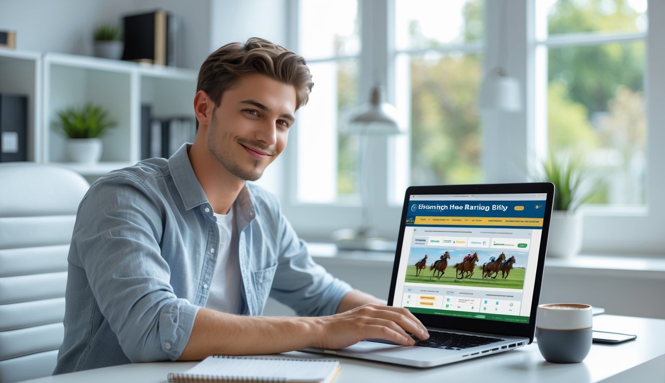 Seorang pria muda duduk di meja dengan laptop, sedang menggunakan situs taruhan kuda pacuan online yang terpercaya di ruang kerja rumah yang terang dan rapi.