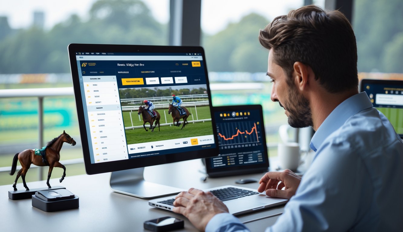 Seseorang duduk di depan komputer yang menampilkan situs taruhan kuda pacuan online dengan suasana kerja profesional.