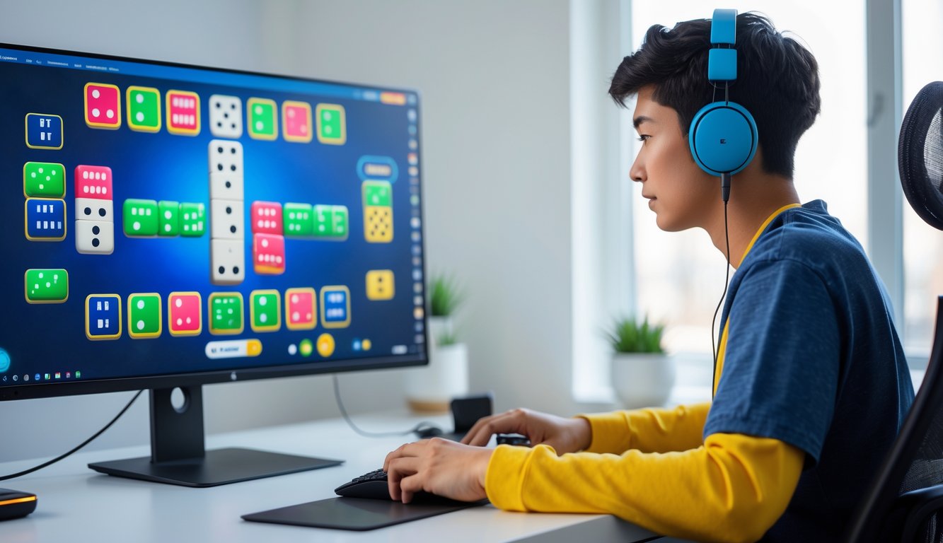 Seorang dewasa muda duduk di meja dengan komputer menampilkan permainan domino online, tampak fokus bermain di lingkungan yang rapi dan terang.