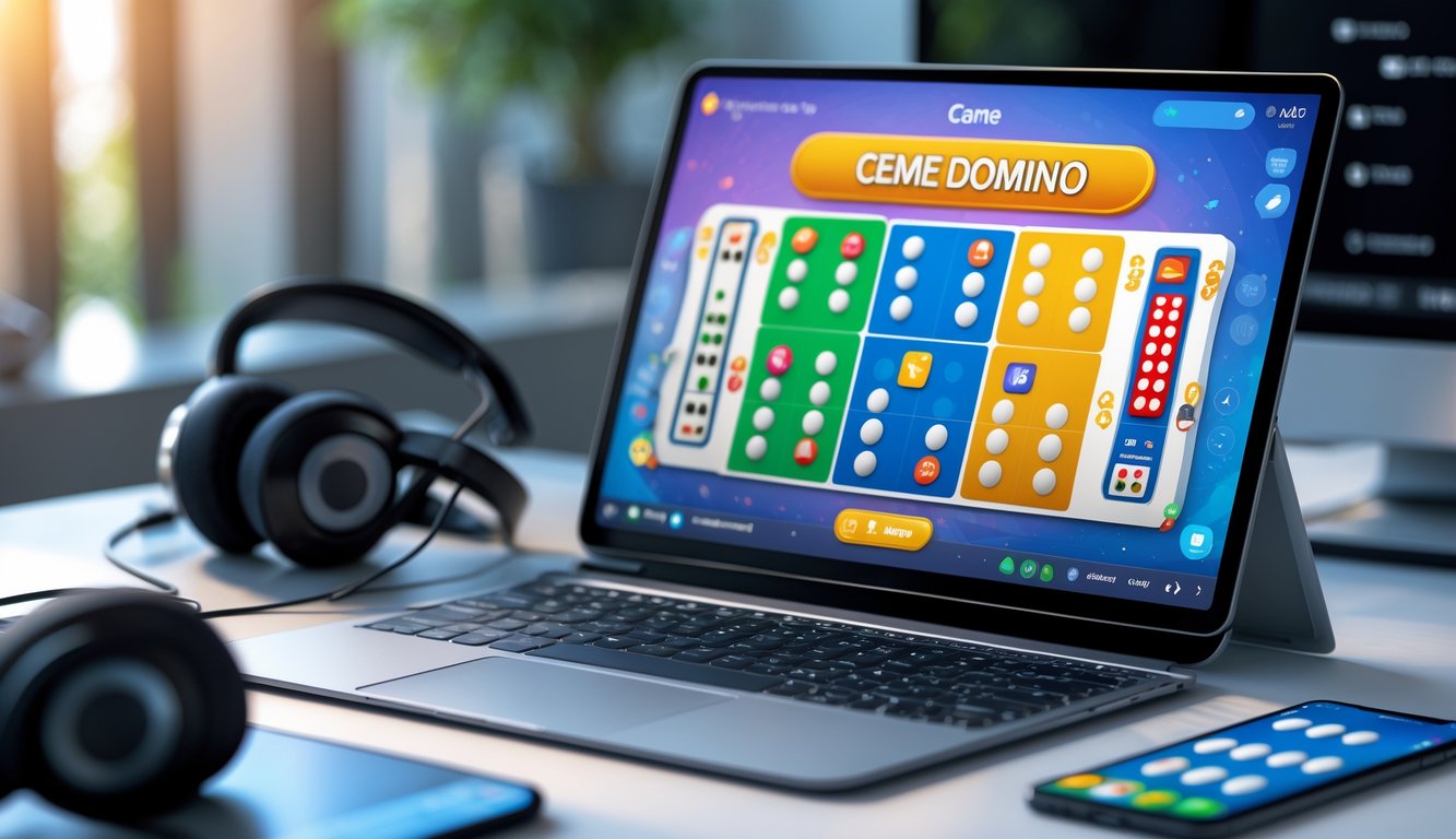 Seorang pengguna sedang bermain permainan domino Ceme online di laptop dengan meja yang rapi dan perangkat pendukung di sekitarnya.