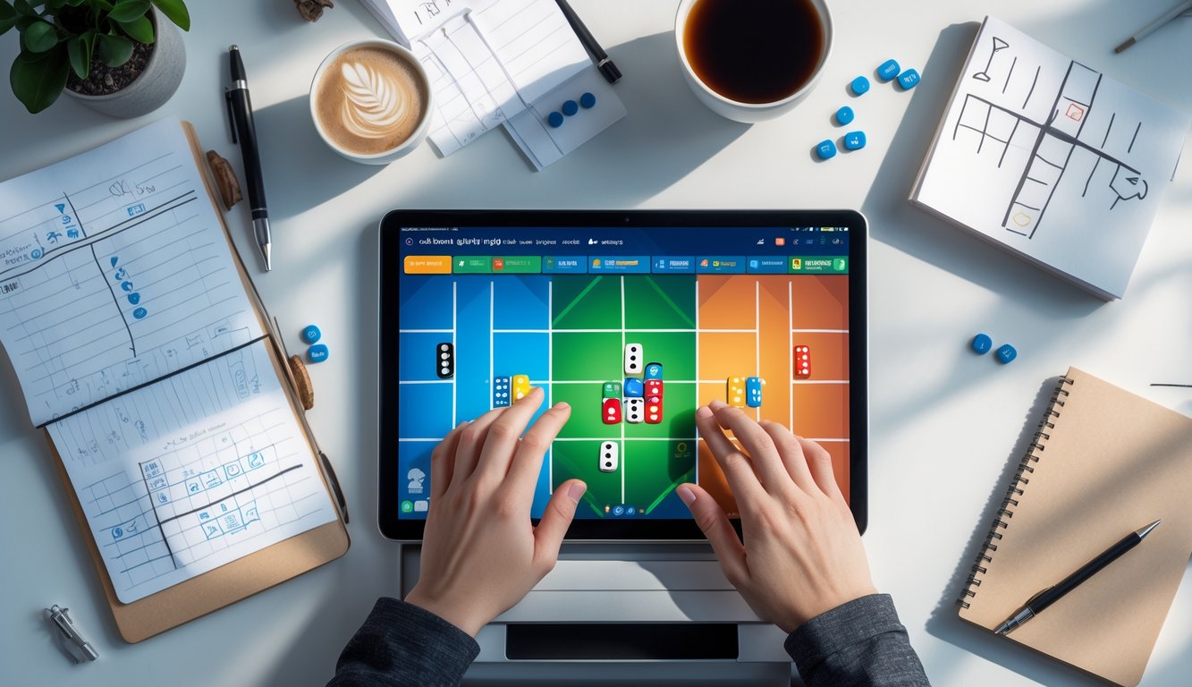 Seorang pemain sedang menggunakan laptop untuk bermain game domino online dengan catatan strategi dan secangkir kopi di meja.