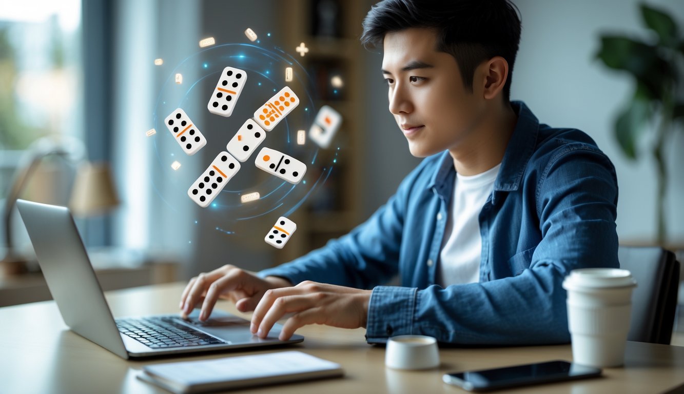 Seorang pria muda sedang bermain permainan domino online dengan fokus di depan laptop di sebuah ruangan modern.