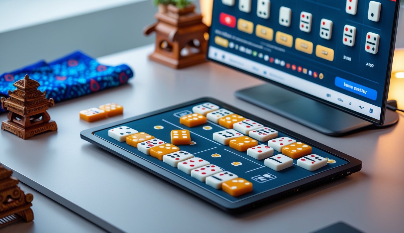 Sebuah meja dengan komputer yang menampilkan permainan domino online, dikelilingi oleh elemen budaya Indonesia seperti kain batik kecil dan ukiran kayu.
