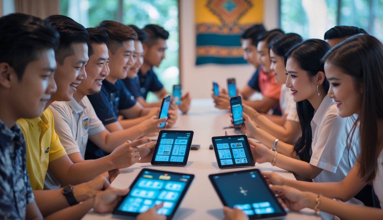 Sekelompok orang muda bermain game kartu online menggunakan ponsel dan tablet di ruangan yang nyaman dengan dekorasi batik.