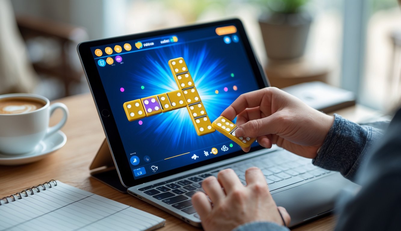 Seseorang bermain permainan domino online di laptop dengan latar ruangan yang nyaman.