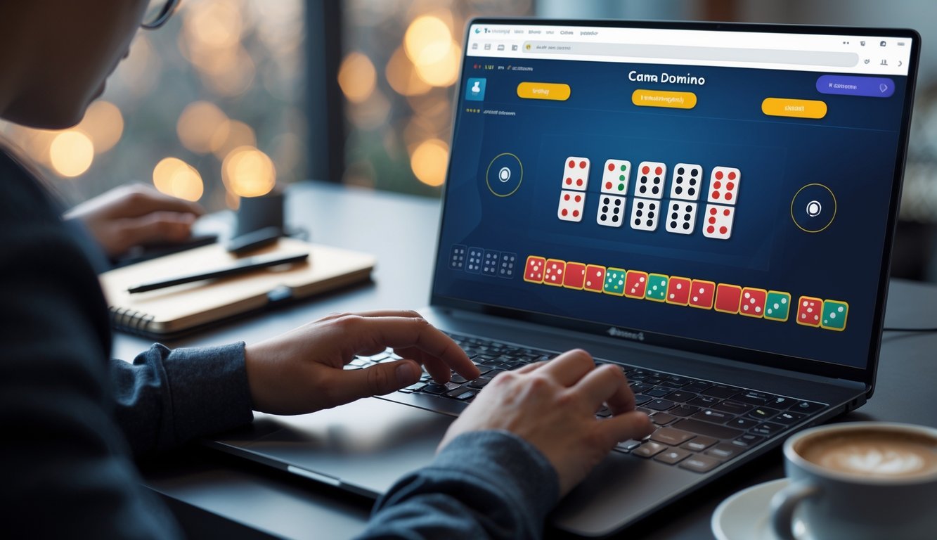 Seseorang bermain game domino online di komputer dengan tangan yang sedang berinteraksi, di meja terdapat catatan dan secangkir kopi.