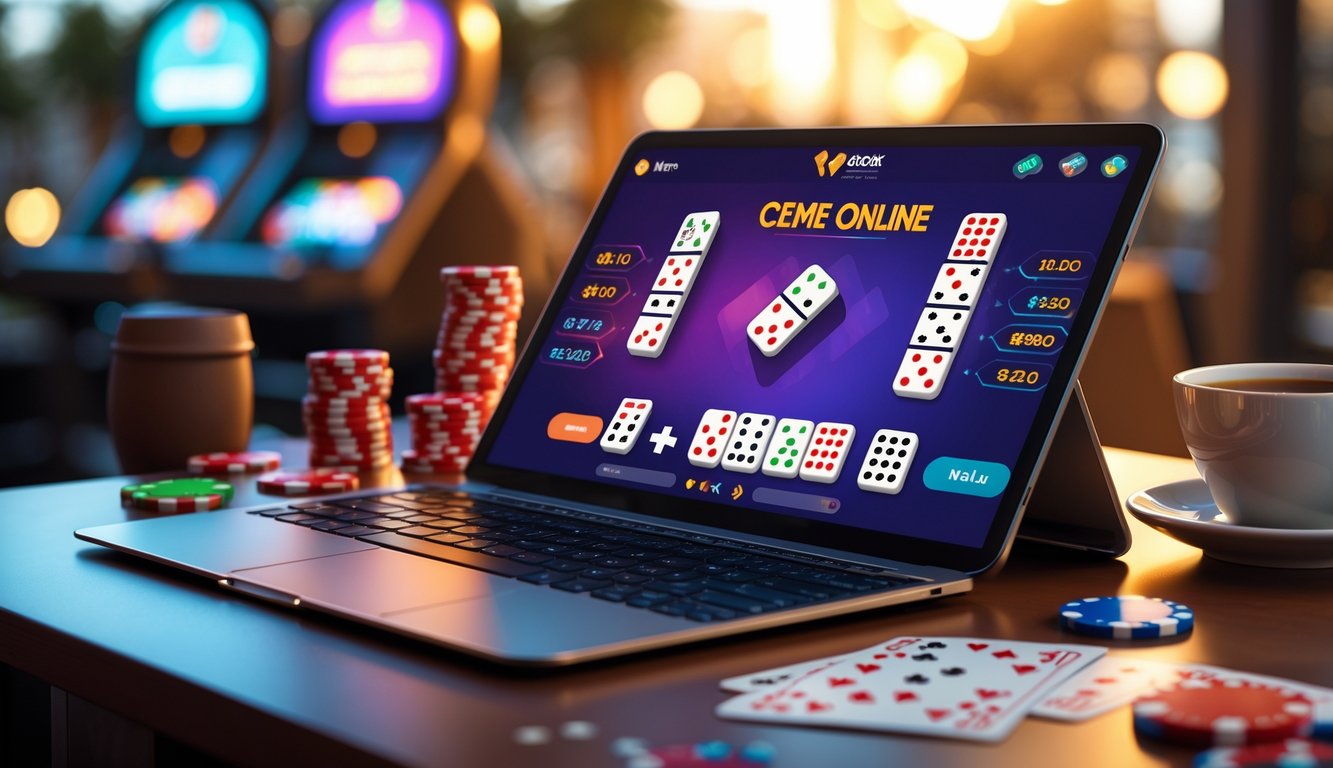 Seorang pemain menggunakan laptop untuk bermain game domino online dengan tumpukan chip poker di meja di sekitarnya.