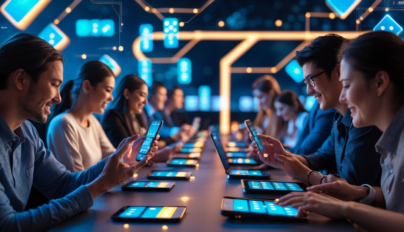 Beberapa orang bermain permainan domino secara online menggunakan perangkat digital di lingkungan kasino virtual.