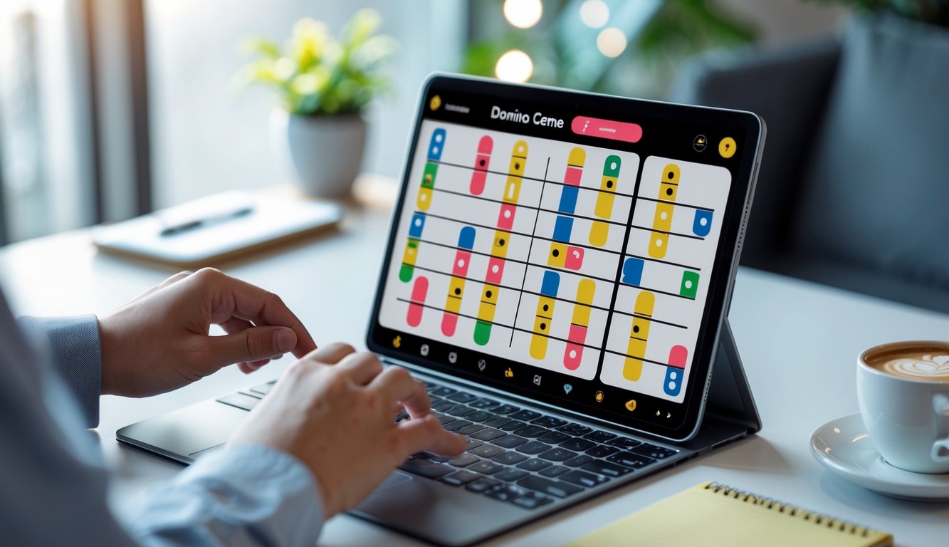 Seorang pemain sedang menggunakan laptop untuk bermain permainan Domino Ceme online dengan tampilan domino di layar.