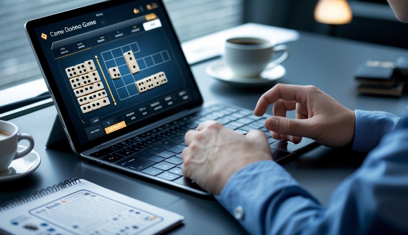 Seorang pemain berpengalaman sedang bermain game domino online menggunakan laptop di meja kerja yang rapi.